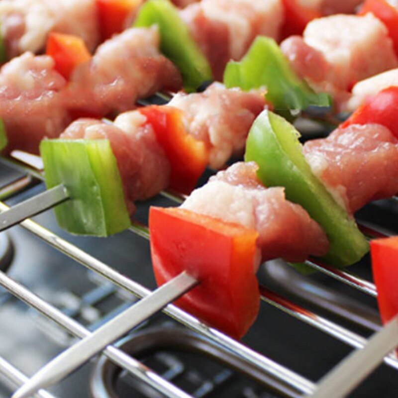 Kebab BBQ Stainless Steel Skewers with Wooden Handles Flat Reusable Metal Skewer Sticks with Storage Pouch 6Pcs