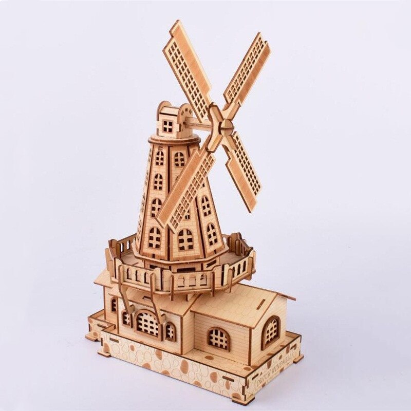 Woodcraft assembly kit puzzles educational games DIY Dutch windmill 3d wooded puzzles for kids Adult Christmas birthday