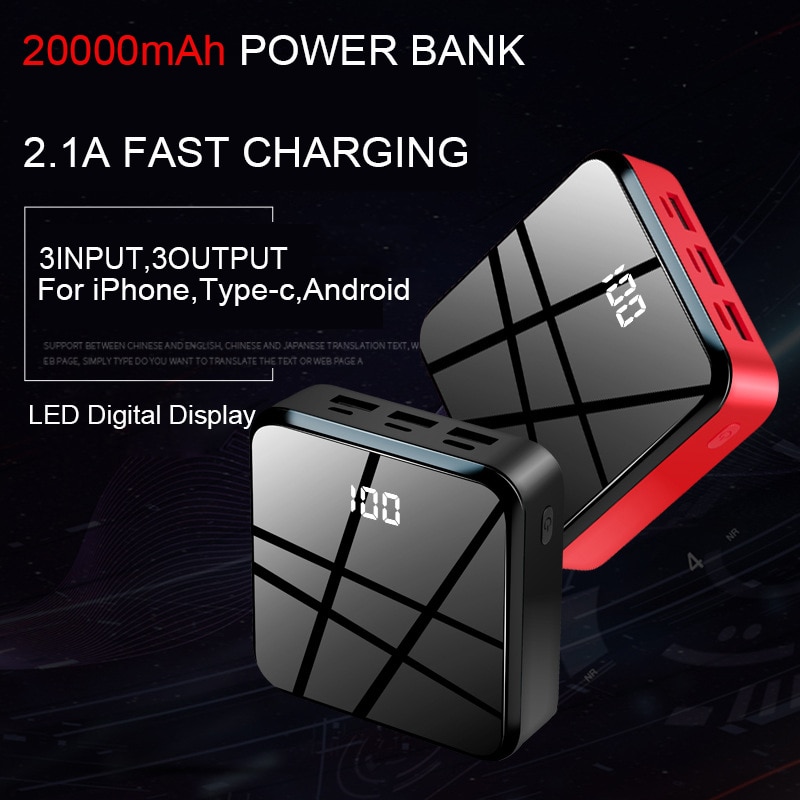 20000mAh Mirror Screen Mini Power Bank External Battery Portable Powerbank 20000 mAh Fast Charging Poverbank For Mobile Phone
