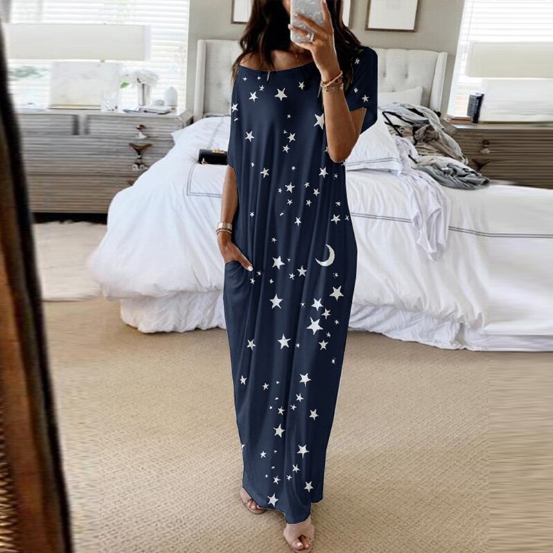 Hors épaule étoile imprimé femmes robe de nuit O cou manches courtes poche ample femme robes longues été dames Homewear: Bleu / M