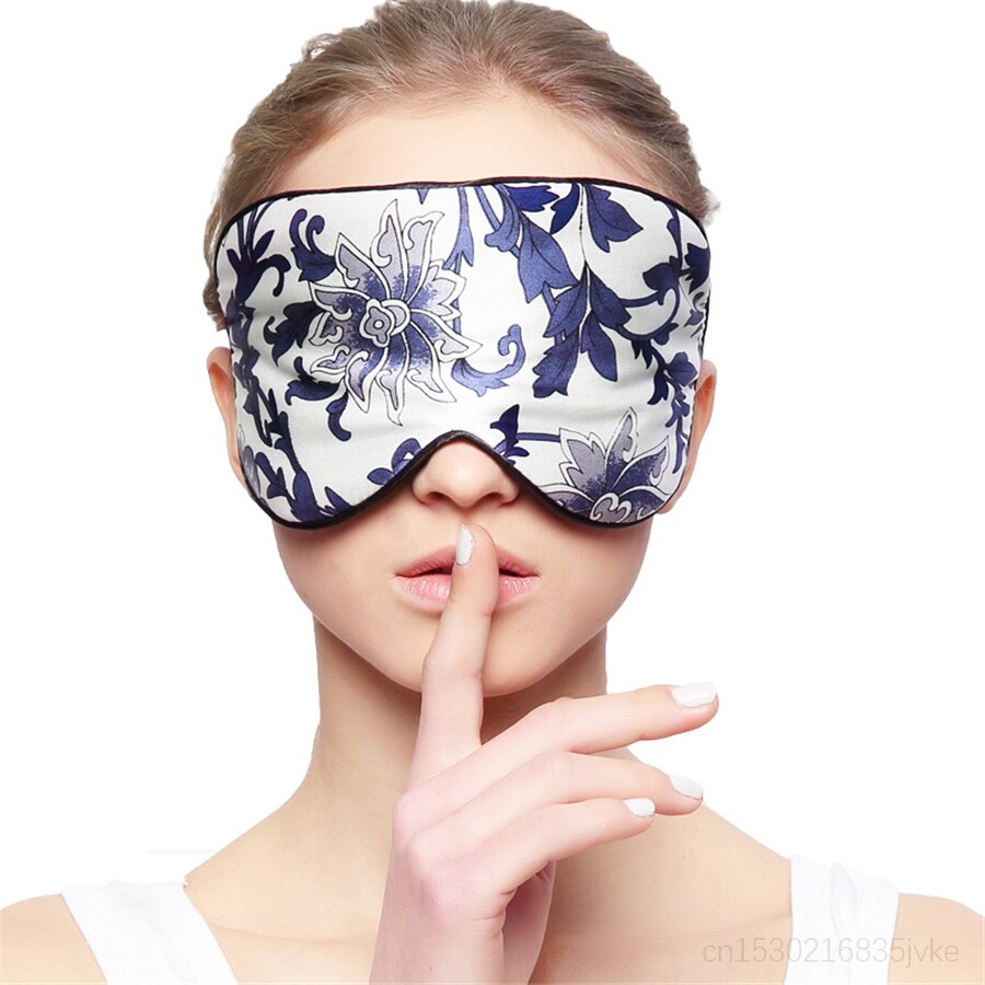 100% Moerbei Zijde Blauw Wit Chinese Porselein Bloemen Printing Super Glad Oogmasker Slaapmasker Reizen Slaap Oogmasker