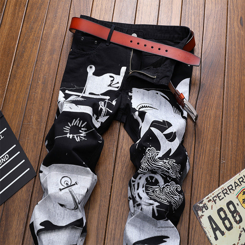 Print casual jeans bukser mænd slim fit denim bukser jean jogger mænd hip hop streetwear bukse tøj sort  wa108