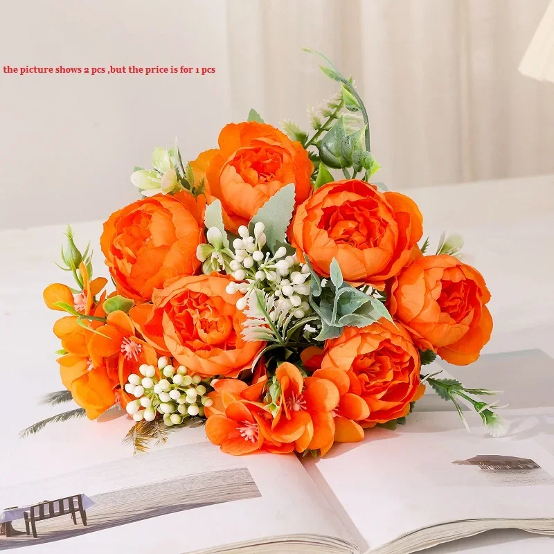 Simulazione di seta fiori argento neve peonia mazzo pianta verde centro commerciale decorazione artificiale peonie arancioni fiore finto: Beige