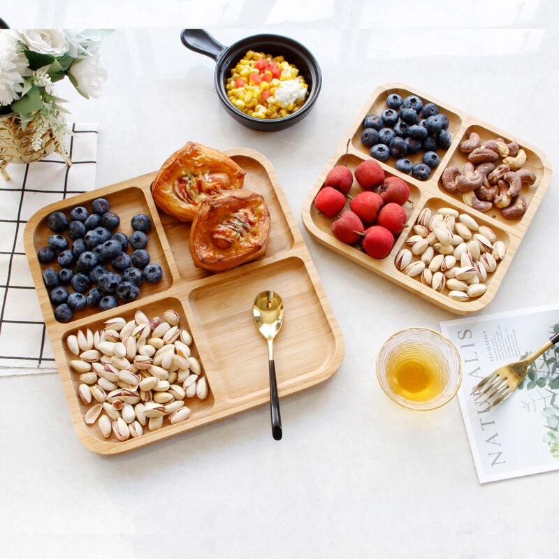 4 grid bamboo snack tray fruit bread tray tray storage box shelf tea tray kitchen party supplies WF9174