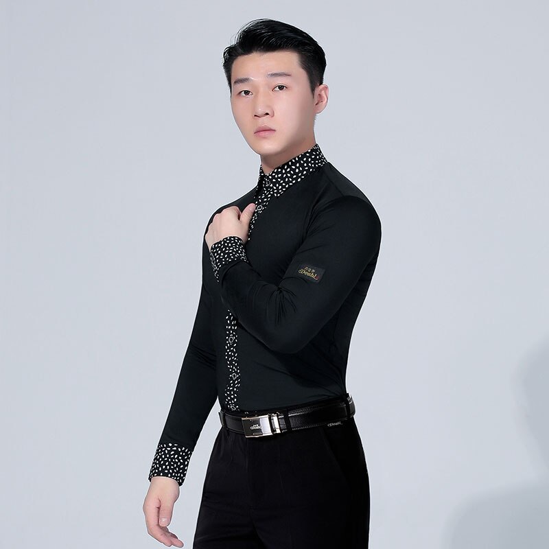 Doble de los hombres de camisas ropa de baile de salón vals tango Latina largo para baile de manga práctica negro rendimiento