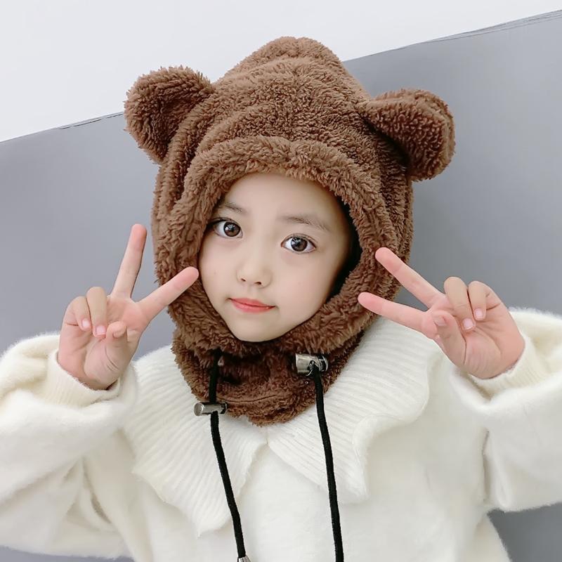 Winter Cute Selling Cute Bear Ears Warm Hat Windproof Neck Scarf Cap Student Women Children Plus Cashmere Cap: Brown 3-12 years old