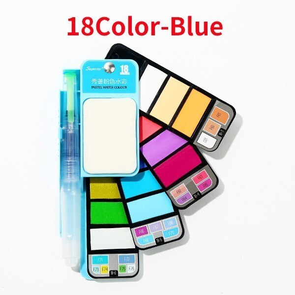 "Juego de pintura de acuarela sólida Superior 18/25/33/42 con pincel de agua plegable Color de viaje pigmento para dibujar acuarelas profesionales watercolor arte pintar": 18Colors (Blue)