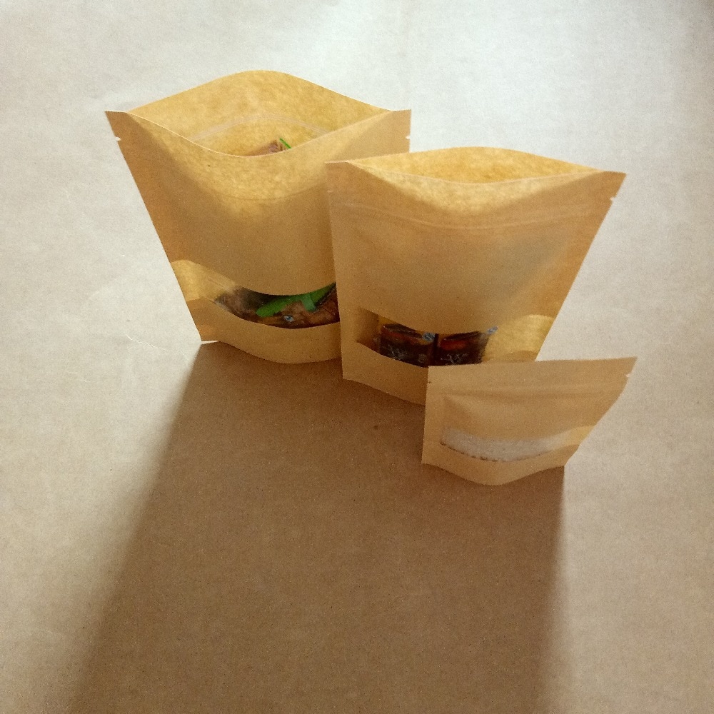 100pcs Zipper Kraft Bag Kraft Paper Bag For /Food/Candy/Party/Wedding Ziplock Bag With Window Stand Up Packing Bags