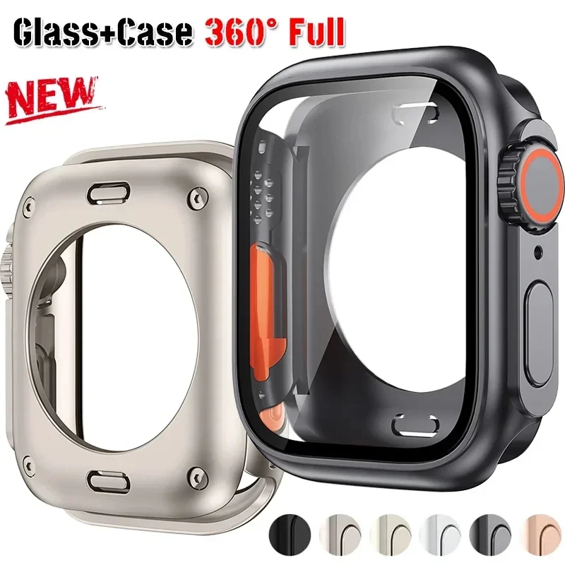 Change To Ultra 360 Full Cover Case for Apple Watch 45mm 44mm Tempered Glass Screen Protector for IWatch Series 10 9 8 7 6 SE 5