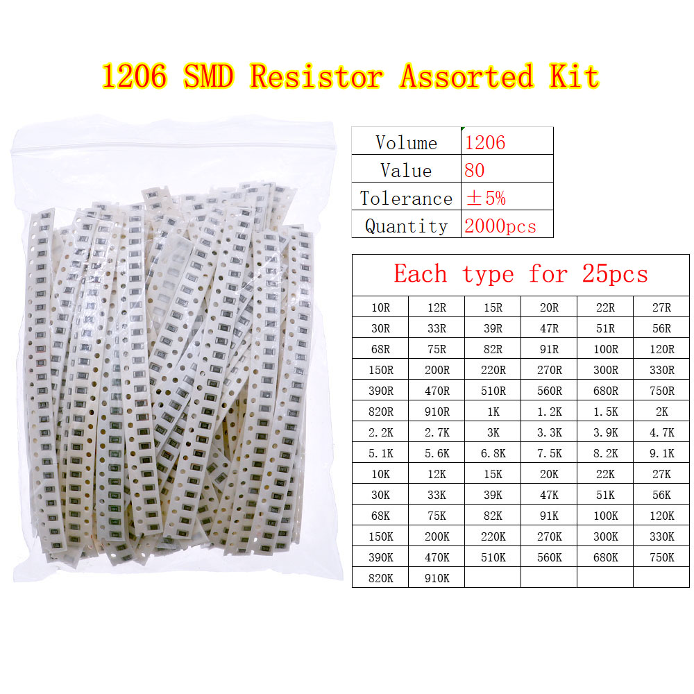 0402 0603 0805 1206 2512 SMD Chip Fixed Resistor 0ohm-10Mohm Assortment Kit pack: WHITE