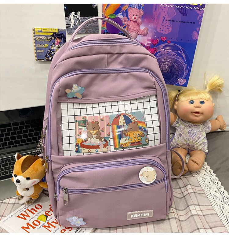 Moda ITA plecak wodoodporny Nylon dla kobiet Laptop panie śliczny żeński plecak Kawaii Student mężczyźni przezroczysty tornister: FIOLETOWY / With-Accessories