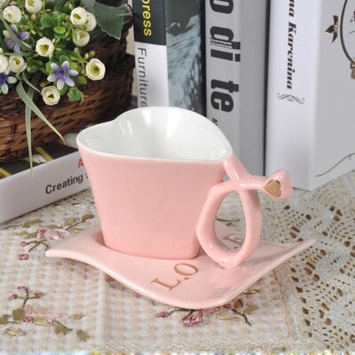 LOVE Heart Shape Lover Coffee Mug Ceramic Milk Mug with Plate Couple's Morning Tea Cup Office Water Cup for Girls: B