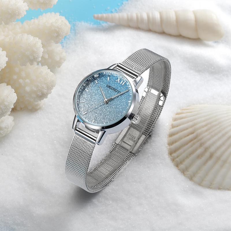 Wiedergeburt Original Damen uhren wasserdicht Treibsand lässig Zifferblatt Gittergewebe Armbinde kleine Damen uhren Mädchen Uhren