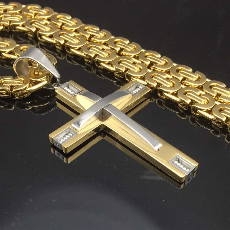 316L 24&quot; Stainless Steel Byzantine Chain Knight Cross Necklace Male Christian Jewelry Gold-Color Crucifix Mens Necklace Pendant