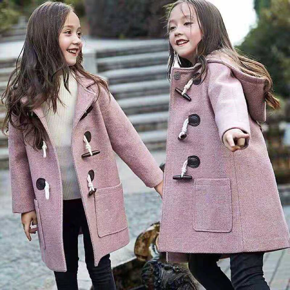 Toddler Girl Wool Coat Girls Coats England Style Horn Buckle Long Wool Jacket Coat Thicken outwear 4-14 Yrs Kids Cloth