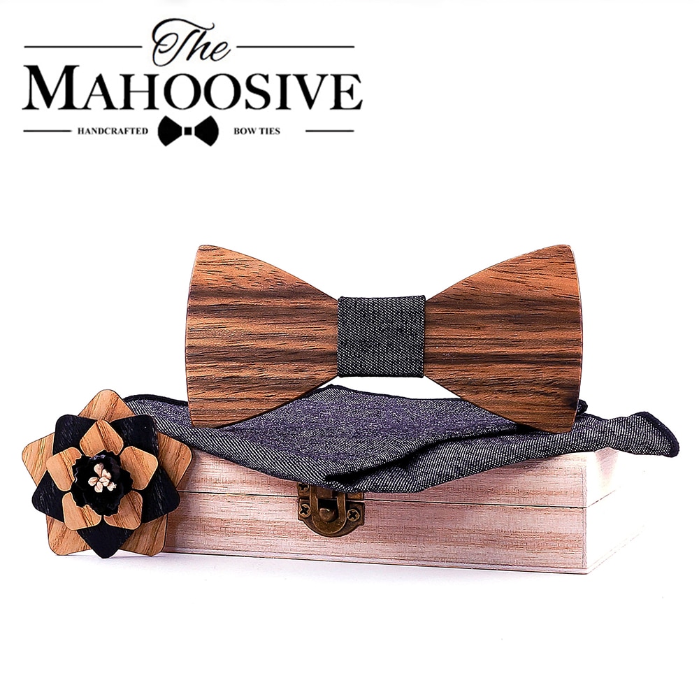 Pajarita de madera Natural de Original para hombre, broche exquisito hecho a mano, conjunto de caja de de madera para boda