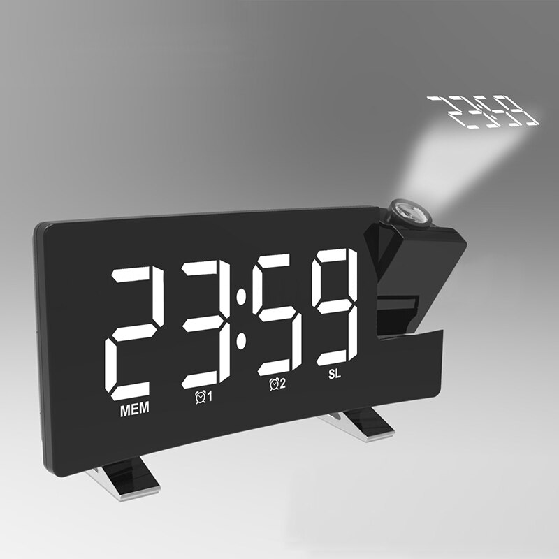Projektion vækkeur led display tid digital vækkeur med drejelig 180 projektor dobbelt alarm fm radio udsættelse funktion: Hvid
