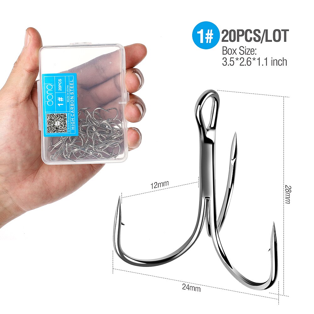 DONQL 20pcs/Box Treble Fishing Hooks Carbon Steel Barbed Fishhooks Set Triple Hooks Sea Fishing Tackle Accessories For Lures: Size 1