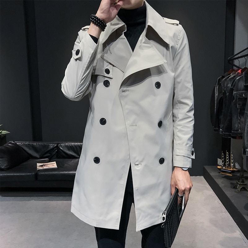 Heren Double Breasted Trenchcoat Heren Off White Trenchcoats Britse Heren Lange Jassen Engels Mantel Klassieke Windjack Elegante