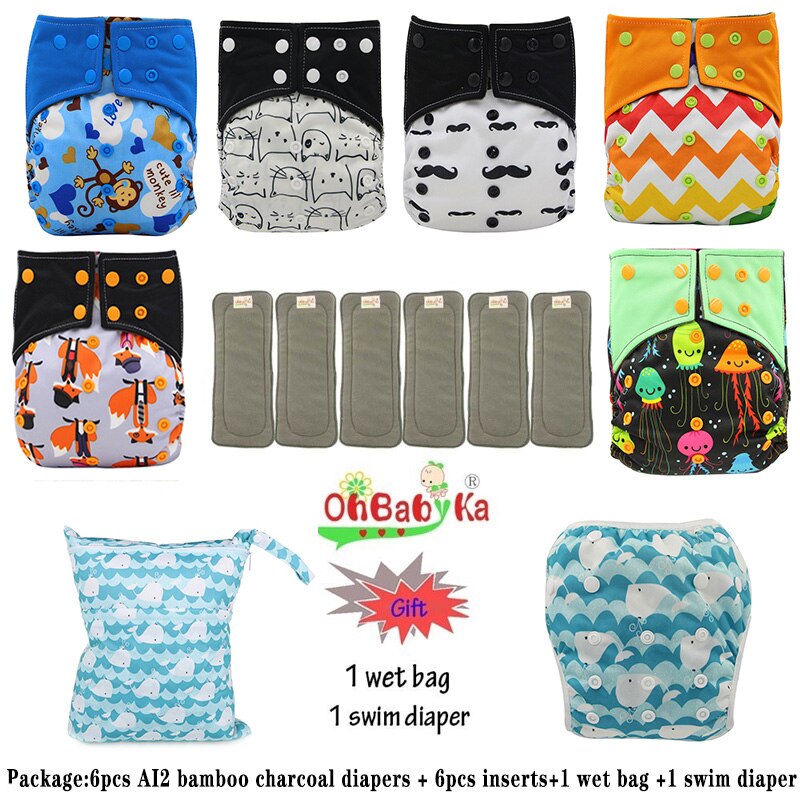 Ohbabyka AI2 wiederverwendbar Tuch Windeln für Mädchen, einstellbare Waschbar Windel 6 stücke + 6 stücke Bambus Holzkohle Einsätze + nass Tasche + Schwimmen Windel: 86