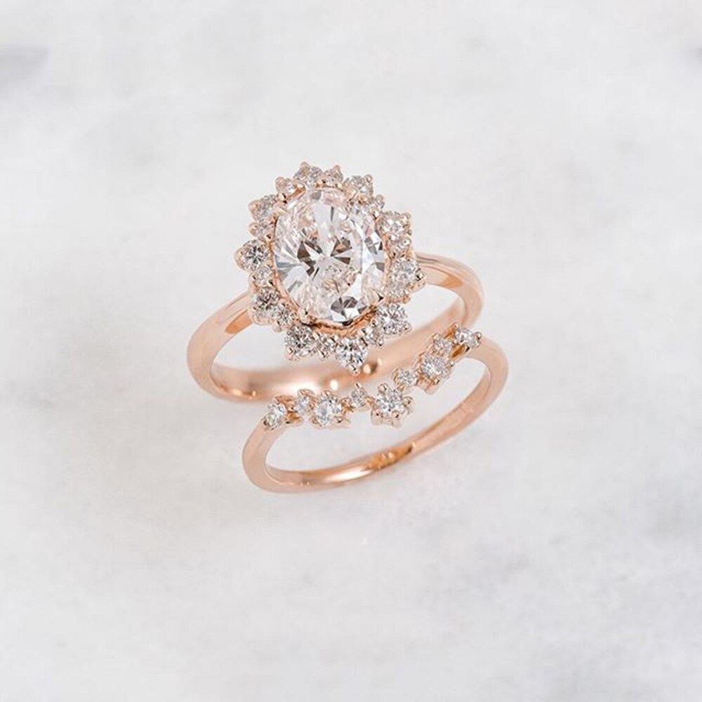 Huitan Neue 2PC Braut Ring Sets Ziemlich Sonne Blume Geformt Rose Gold Hochzeit Engagement Ringe Für Weibliche Mit klar Stein: 7