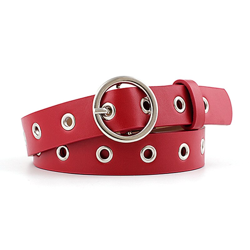 Women's Black White Red Pink Eyelet Grommet Belt Female Silver Circle Belts for Women Jeans Fajas Para Mujer: Red