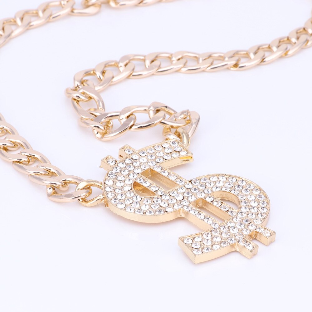 Goud Kleur Hip Hop Bling Bling Dollar Sign Hanger Sieraden Set Dollar Met Strass Hanger Ketting Oorbellen Ring Armband