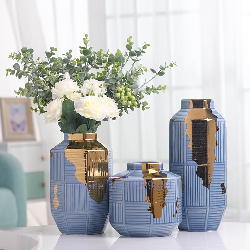 Nordisk keramik guldstribe moderne hjem keramik vase blomsterarrangement tilbehør dekoration blomster vaser bryllup