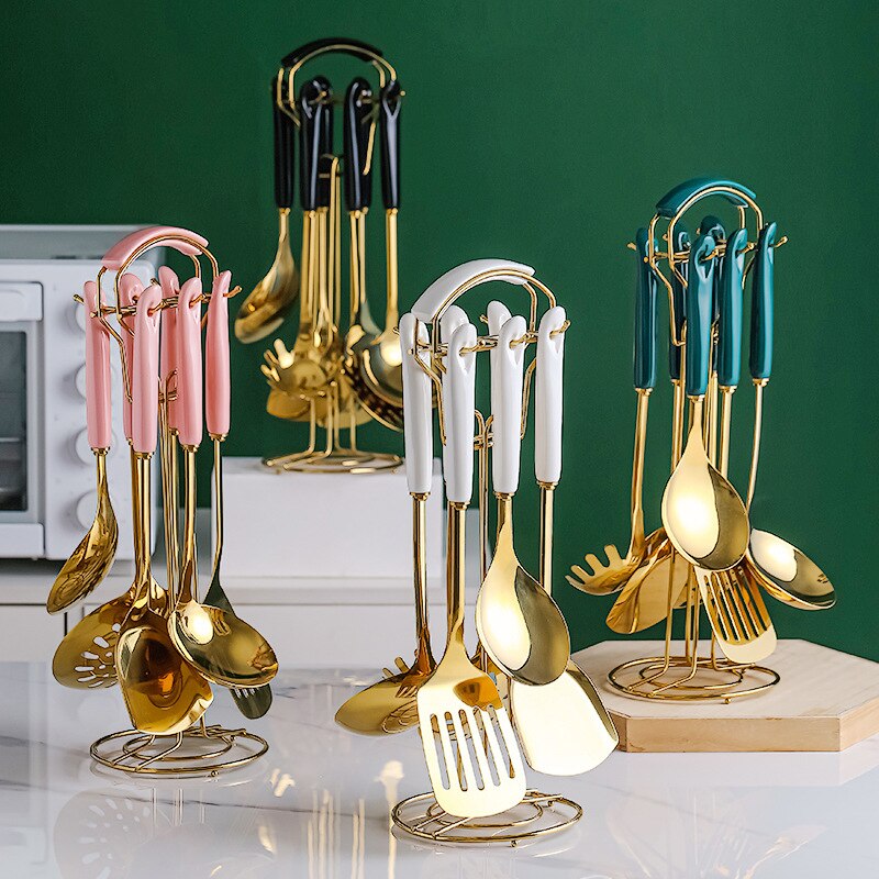 7PC Cookware Kitchenware Set Non-stick Luxury Stainless Steel Ceramic Handle Cooking Utensils Kitchen Tools Accessories