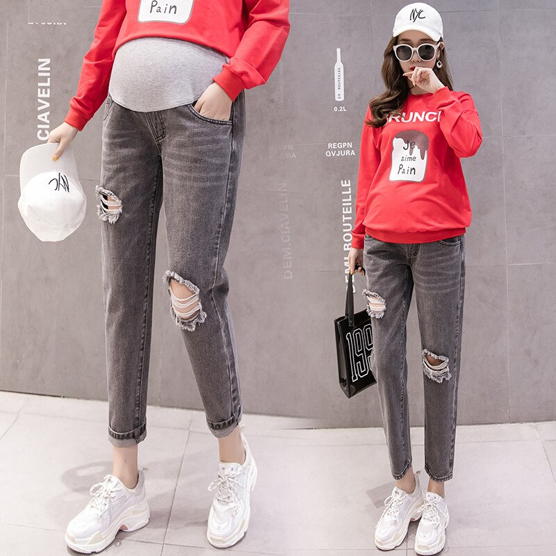 Jean de maternité en Denim avec trous, droit, taille haute, en coton, pour femmes enceintes, pantalon de grossesse ample, été