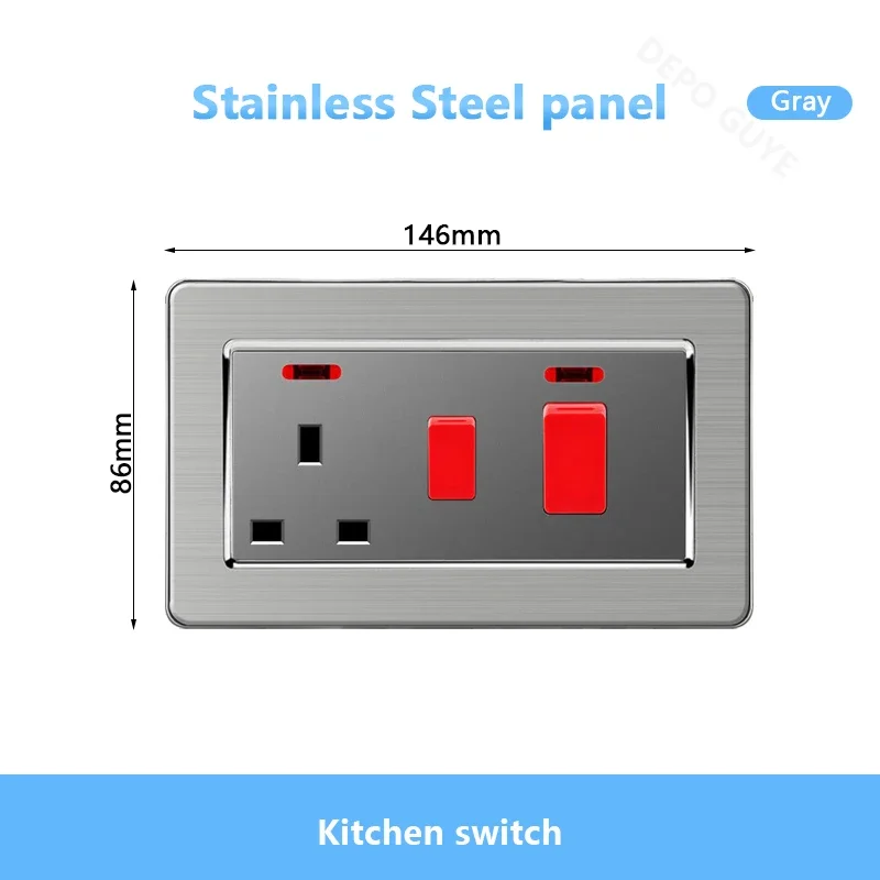 Universal Wall Light Switch Brushed Stainless steel Panel,UK Type-c 18W Quick Charging Socket 220V Double USB Electrical Outlet: Clear