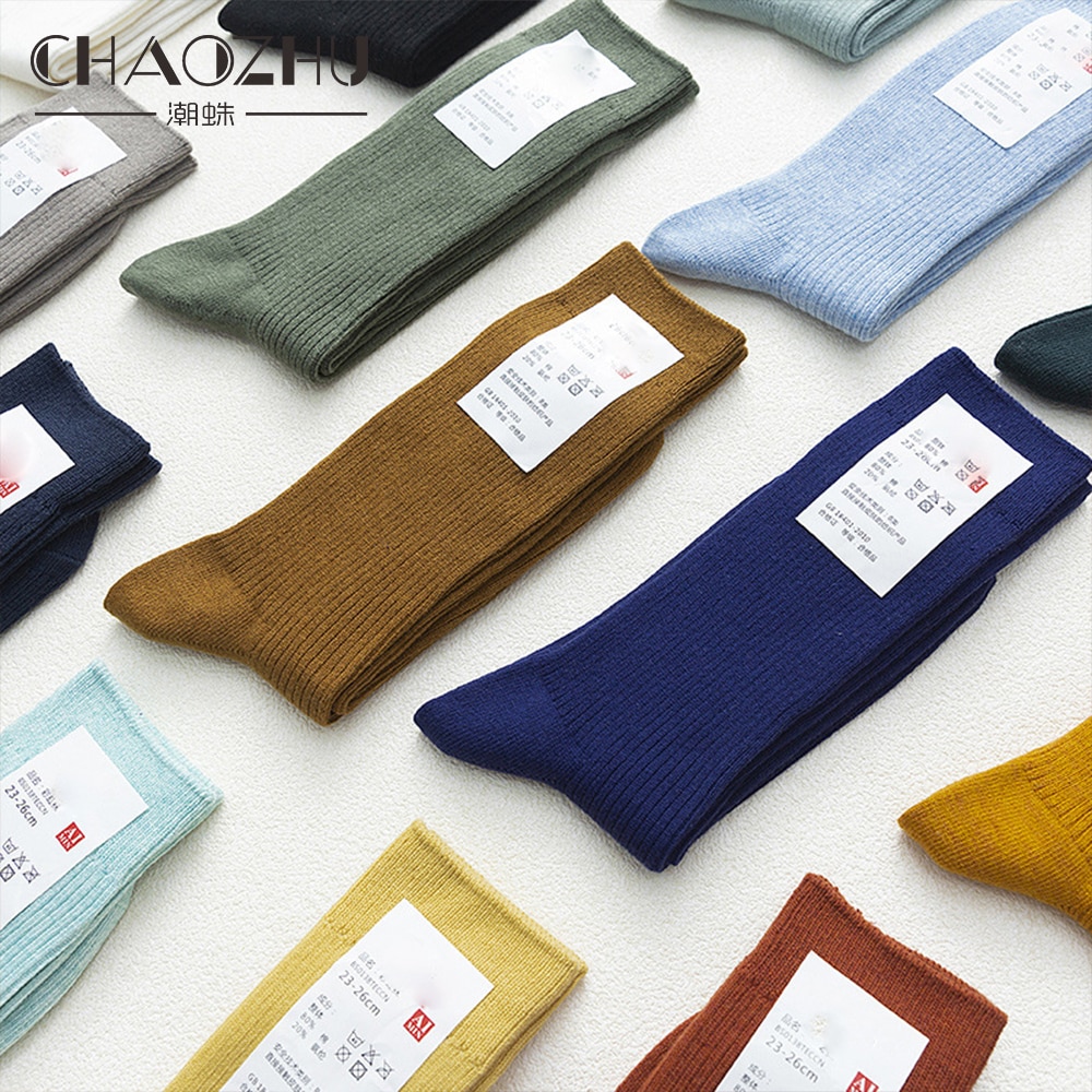 CHAOZHU Japanische Doppelnadeln Baumwolle Stricken Rippe Dünne Business Baumwolle Lange Herrensocken Stretch Casual Täglich Basic Markensocken