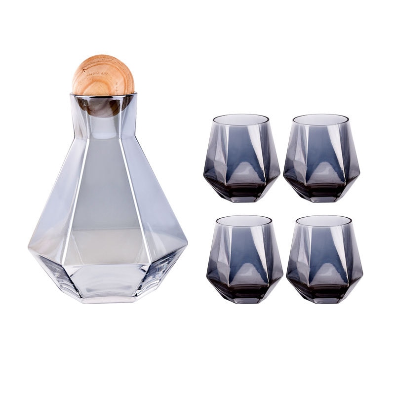 Juego de jarra de vidrio con tapa de madera para vino, whisky, cerveza, zumo, hervidores de agua potable, 1/5 piezas