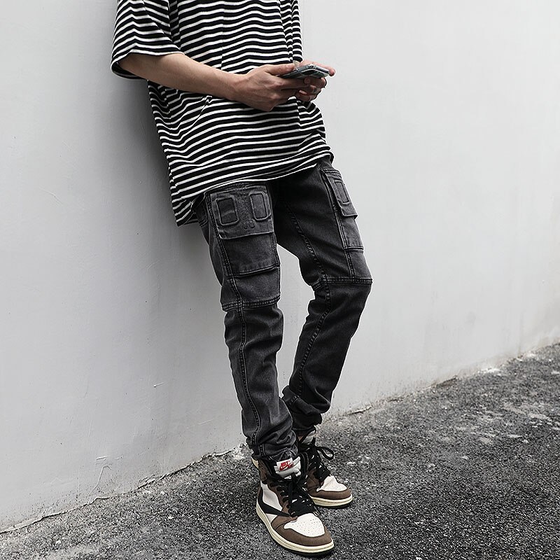 Harajuku hoch Straße Schwarz Grau strecken Jeans Männlichen retro Gewaschen Multi-tasche Denim Hosen Hüfte hüpfen Zerrissene Jeans Hosen Overall