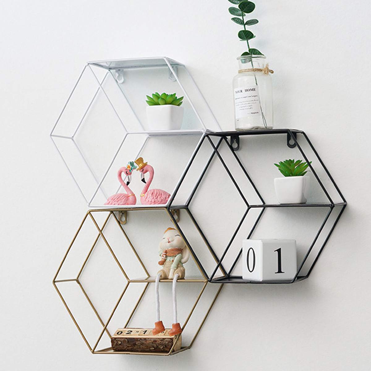 Nordisk stil metall dekorativ hylla hexagon förvaringshållare rack hyllor hem väggdekoration krukväxt prydnadshållare rack