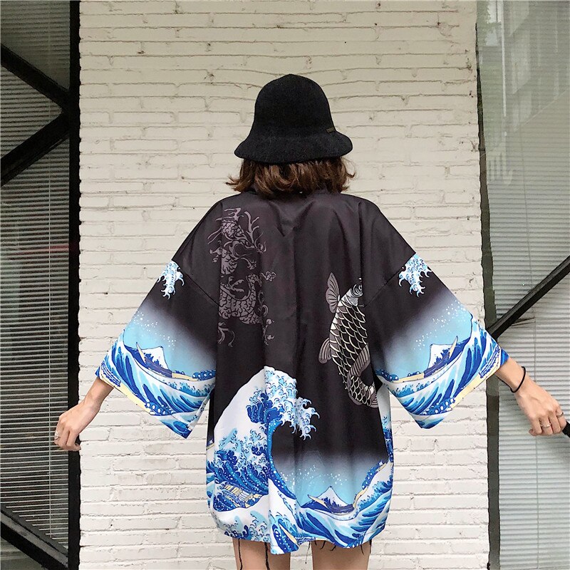 La grande vague de Kanagawa femme japonais traditionnel Orient ethnique Cardigan Kimono manteau unisexe mince lâche Ukiyo-e tenues
