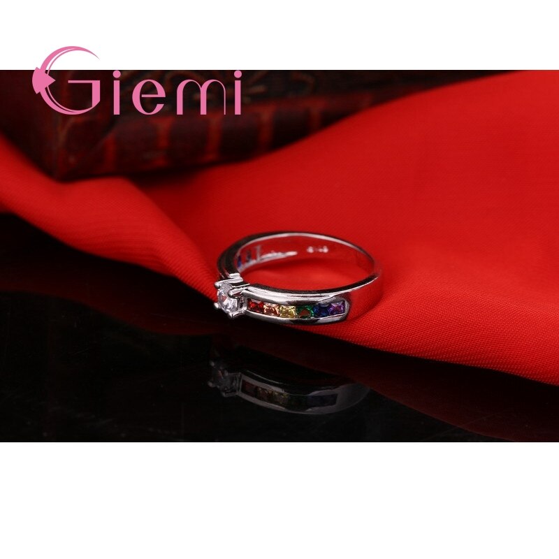 Colorful Rainbow Crystal 925 Sterling Silver Band Ring for Women Female Party Wedding Engagement Jewelry