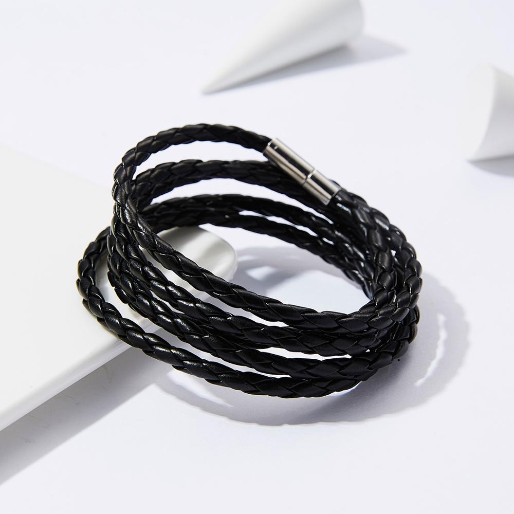 Rinhoo Punk 96cm Long Leather Wrap Bracelets for Men Classic Black Color Multilayer Braided Male Bracelet Wristband Jewelry