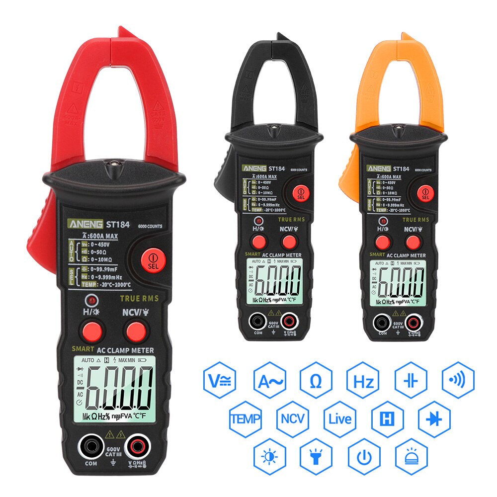 Digital Clamp Meter AC/DC Voltage Tester Ohm Hz Tester Multimeter True RMS Voltage Meter ST184 6000 Counts
