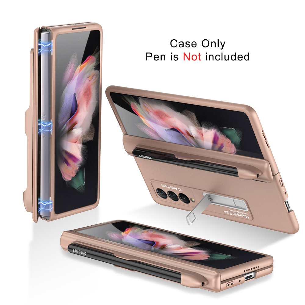 Magnetische Kickstand Pen Slot Telefoon Case Voor Samsung Galaxy Z Fold3 Vouw 3 5G Magnetische Fold Scharnier Case Armor shockproof Hard Cover: gold case only