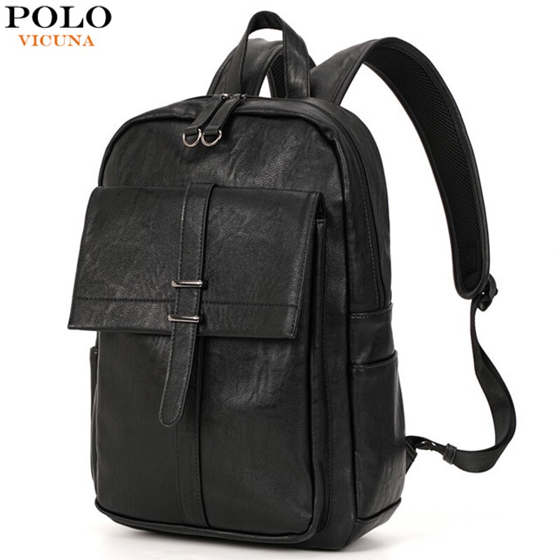 Vicuna polo unisex leren rugzak voor heren, eenvoudige, effen zwarte, zachte leren reis-laptoprugzak, mochila hombre