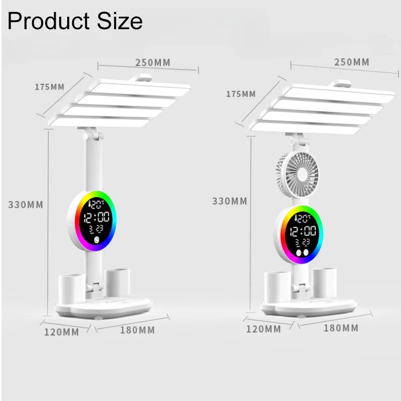 Multifunktionale LED-tischleuchte mit vier leuchten, faltbar, mit Ventilator, kalender und uhr, usb-aufladbar, schreibtischlampe, leselampe und nachtlicht