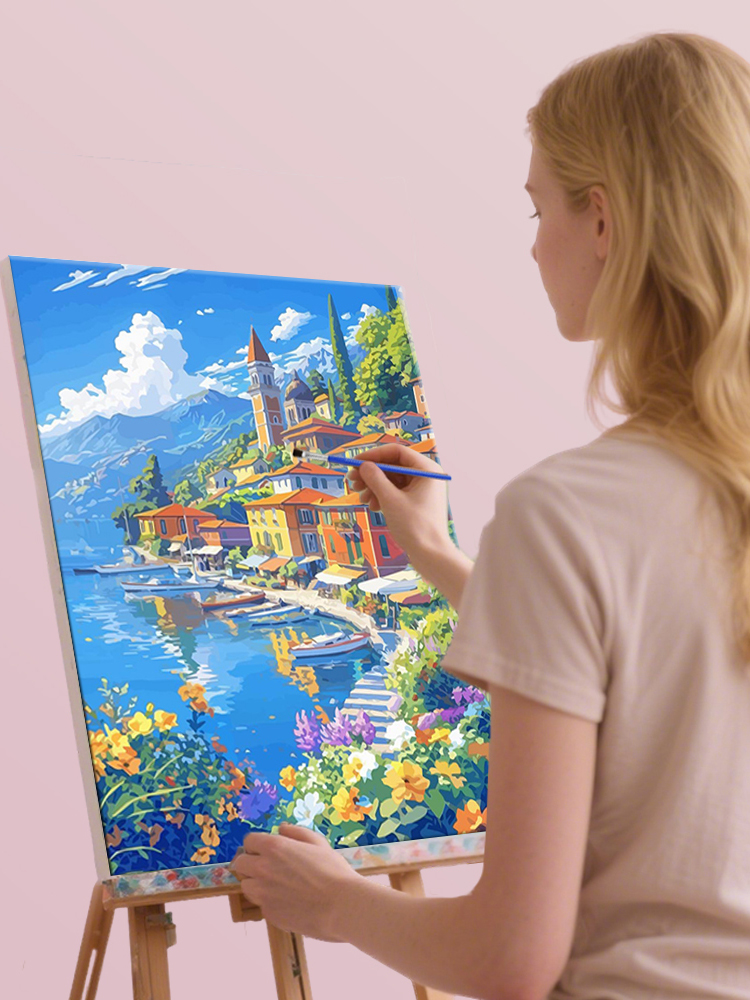 Schilderen op nummer Kits Italiaanse kuststadscène Artistieke achtergrond Digitaal olieverfschilderij Landschap Kleuren Artcraft Handverf