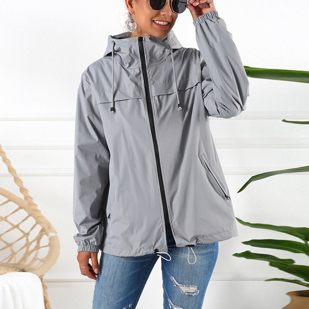 Jaquetas femininas chuva sólida ao ar livre impermeável com capuz capa de chuva à prova de vento jaqueta casacos casuais com zíper casacos casaco outwear