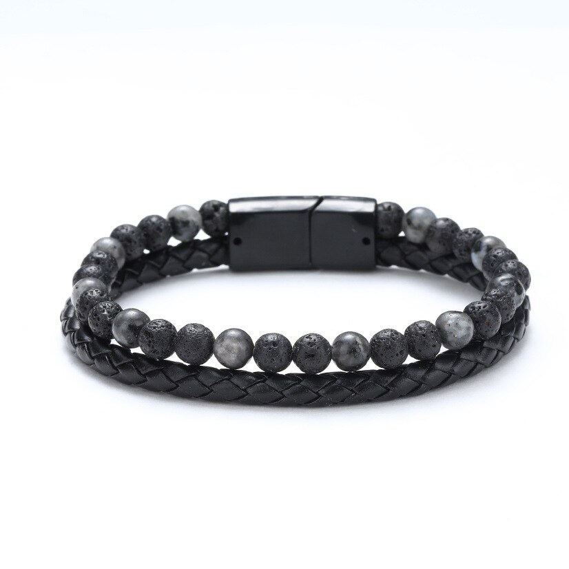 Natural Stone + Leather Men Bracelet Business Jewelry Bead Bracelet for Stainless Steel Magnetic Mature Boy Accessories: C