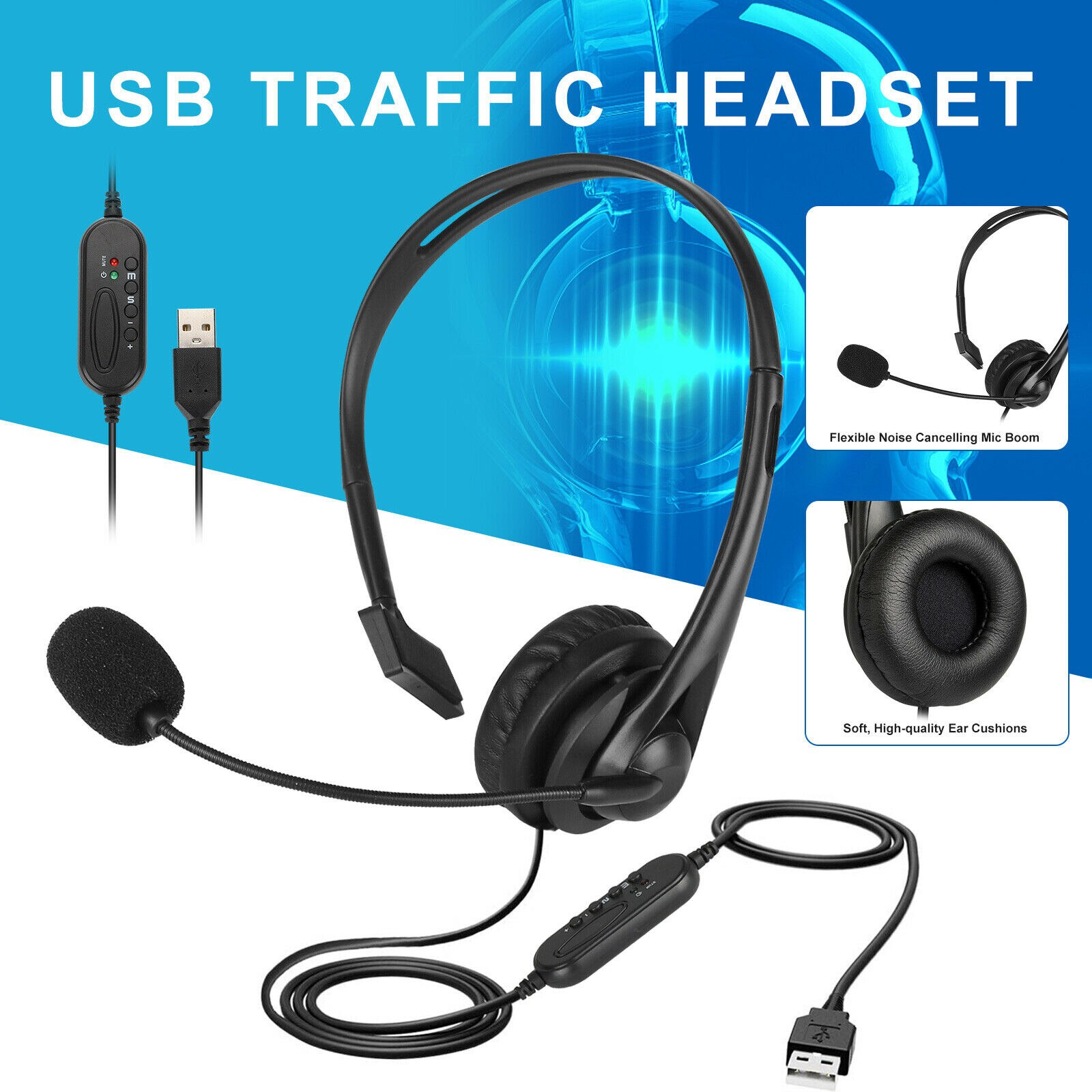 Computer Headset USB Noise Cancellation Voice Control Wired Bound