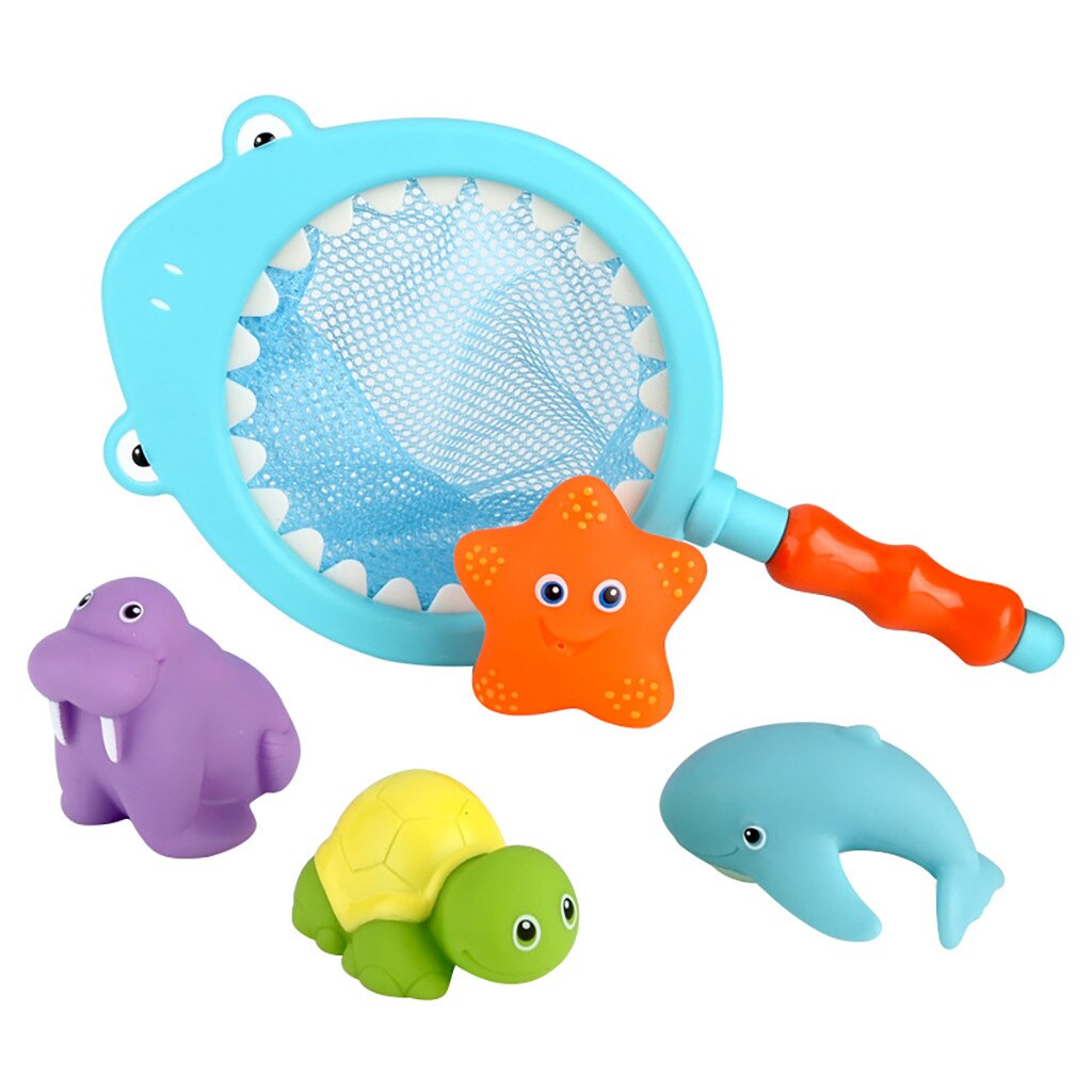 Badleksaker baby bad flytande mjukt gummi djur vattenbalja leksak sprutar sked-nät 1 set söta barn badrum vattenleksaker: B