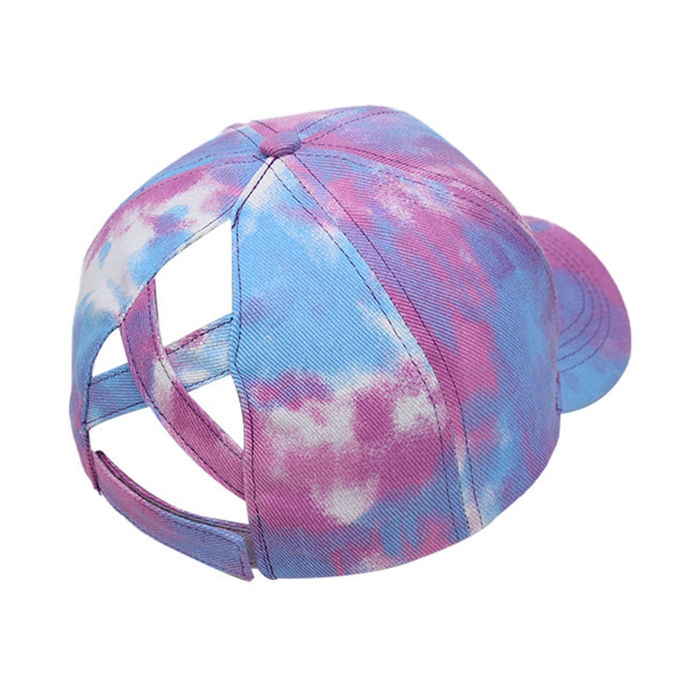 Women Summer Portable Cotton Blend Baseball Cap Outdoor Sports Casual Travel Tie Dye Adjustable Criss Cross Ponytail