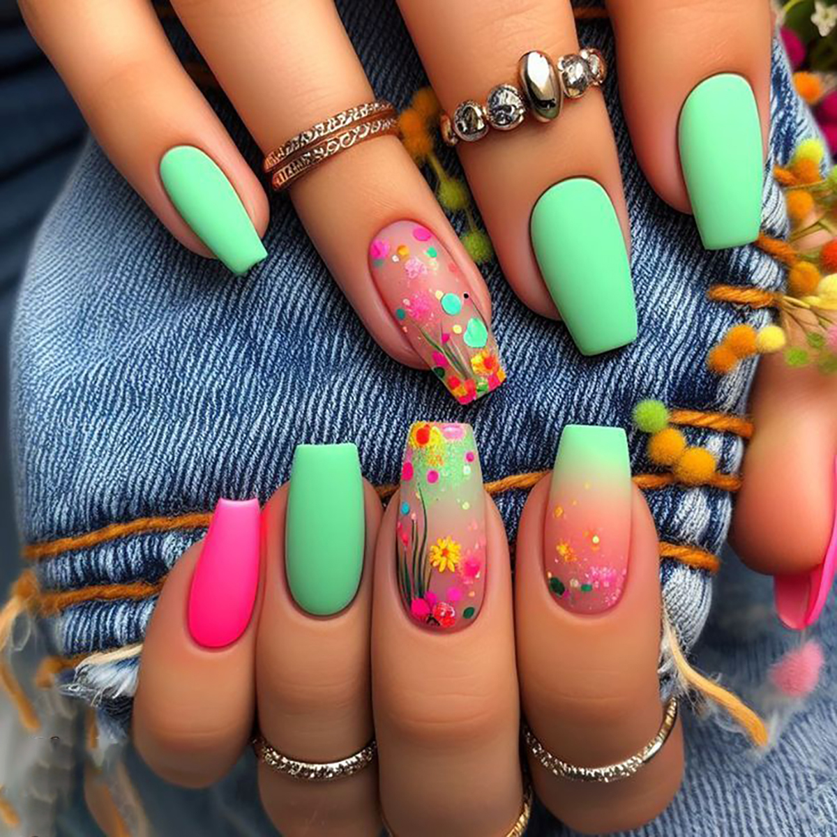 4 ensembles/96 pièces à pression carrée sur les ongles: points dégradés/floral/multicolore. Longueur moyenne brillante avec fichiers et gels. Fête et quotidienne. Détachable: Menthe