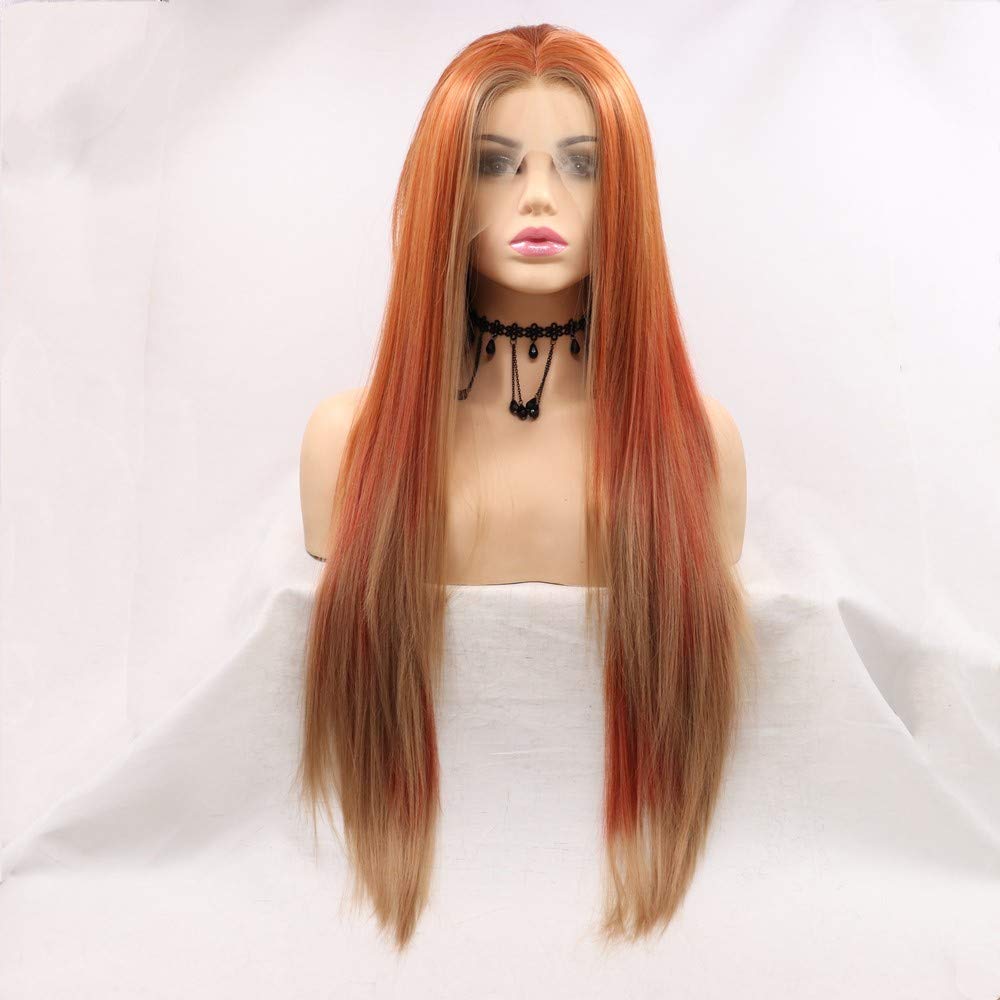 Peluca larga seda con encaje verde fluorescente para mujer, pelo Natural sin pegamento, resistente al calor: copper red